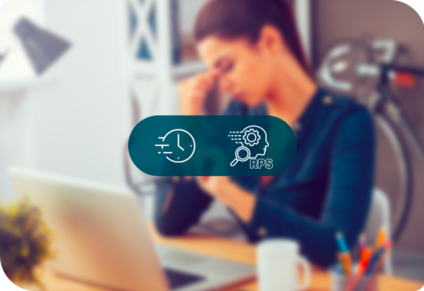 une femme se tient le visage dans les mains, avec des icones de temps et santé mentale